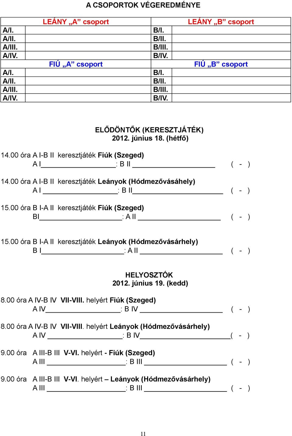 00 óra B I-A II keresztjáték Fiúk (Szeged) BI : A II ( - ) 15.00 óra B I-A II keresztjáték Leányok (Hódmezővásárhely) B I : A II ( - ) HELYOSZTÓK 2012. június 19. (kedd) 8.00 óra A IV-B IV VII-VIII.
