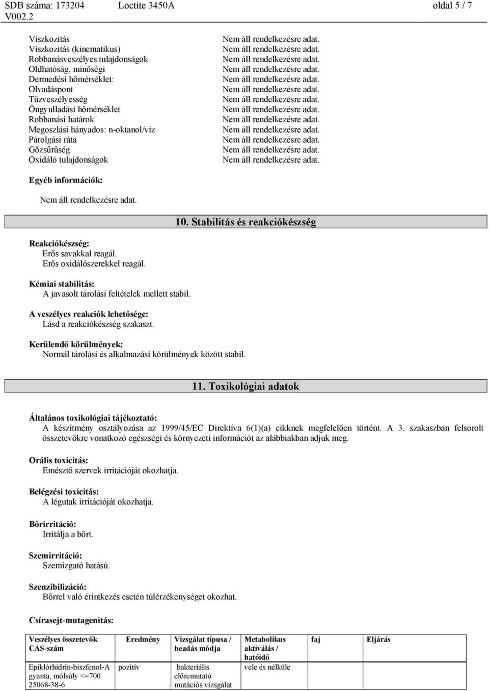 Erős oxidálószerekkel reagál. Kémiai stabilitás: A javasolt tárolási feltételek mellett stabil. A veszélyes reakciók lehetősége: Lásd a reakciókészség szakaszt.