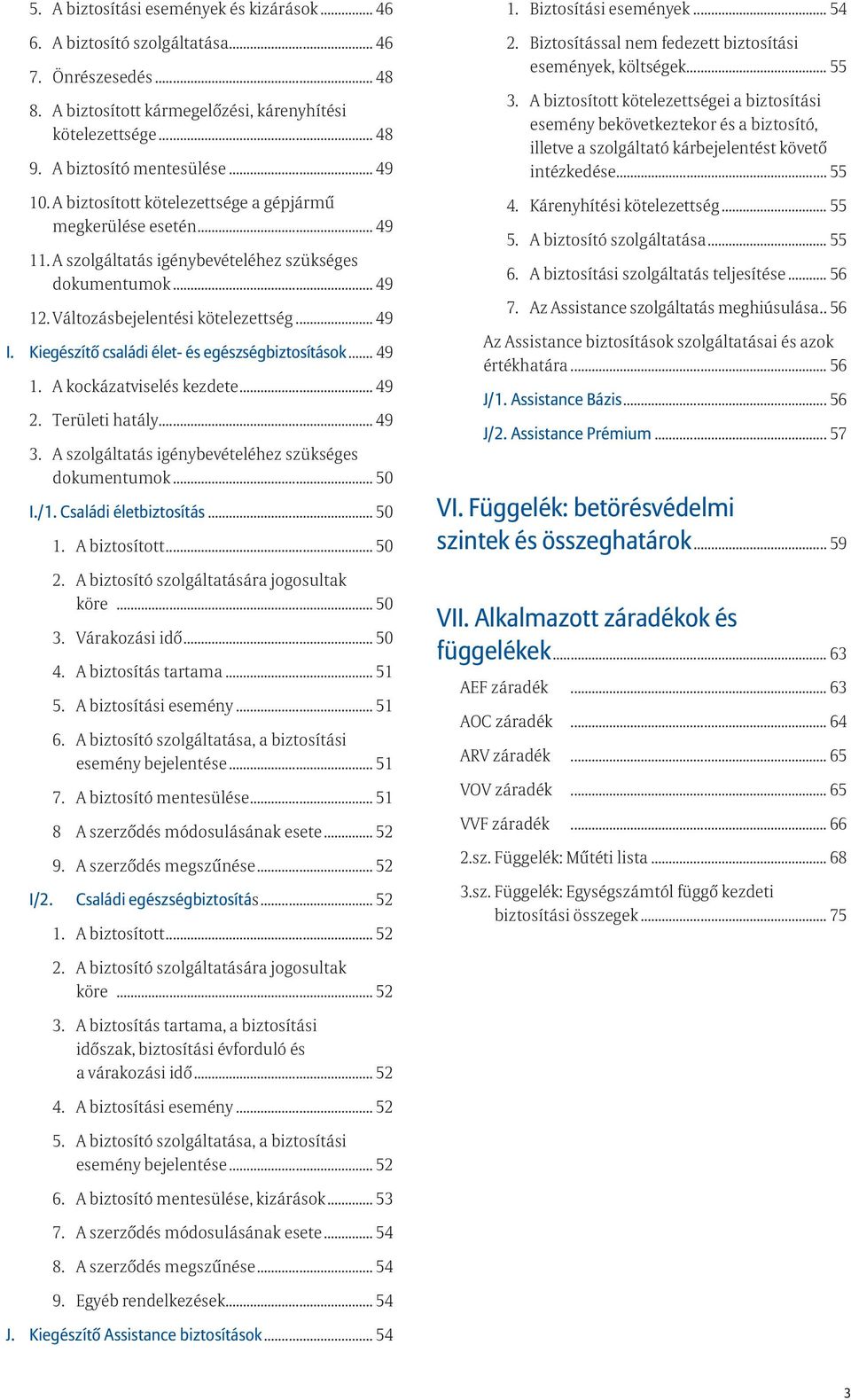 Kiegészítő családi élet- és egészségbiztosítások... 49 1. A kockázatviselés kezdete... 49 2. Területi hatály... 49 3. A szolgáltatás igénybevételéhez szükséges dokumentumok... 50 I./1.