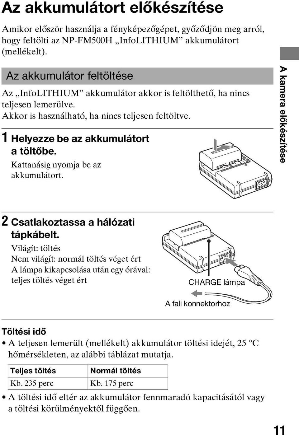 Kattanásig nyomja be az akkumulátort. A kamera előkészítése 2 Csatlakoztassa a hálózati tápkábelt.