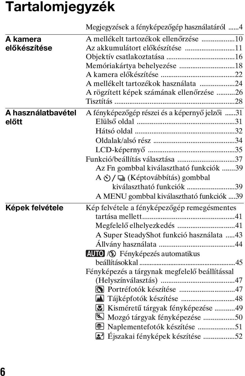 ..28 A fényképezőgép részei és a képernyő jelzői...31 Elülső oldal...31 Hátsó oldal...32 Oldalak/alsó rész...34 LCD-képernyő...35 Funkció/beállítás választása...37 Az Fn gombbal kiválasztható funkciók.