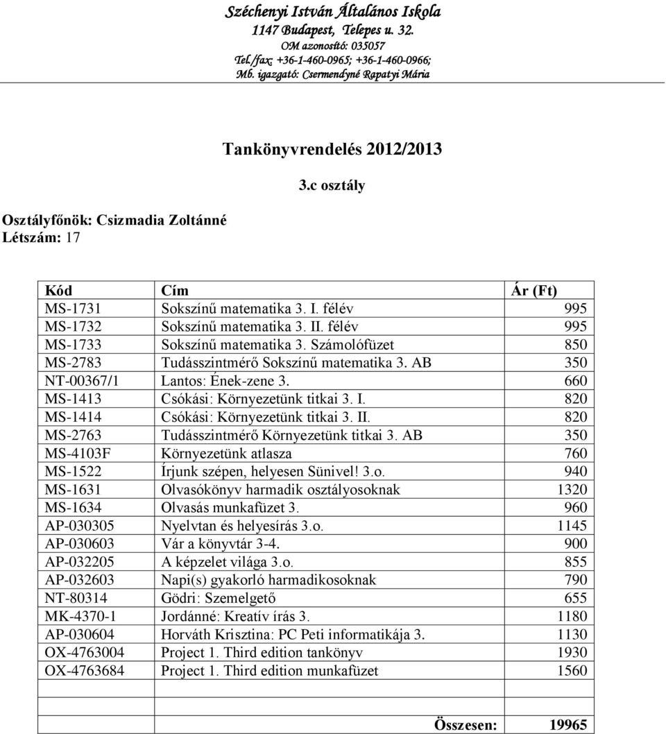 820 MS-2763 Tudásszintmérő Környezetünk titkai 3. AB 350 MS-4103F Környezetünk atlasza 760 MS-1522 Írjunk szépen, helyesen Sünivel! 3.o.