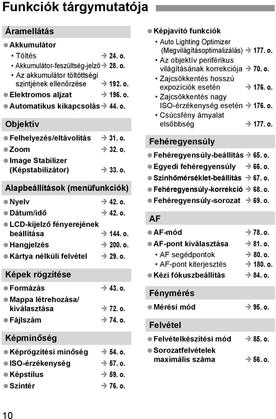 o. Hangjelzés 200. o. Kártya nélküli felvétel 29. o. Képek rögzítése Formázás 43. o. Mappa létrehozása/ kiválasztása 72. o. Fájlszám 74. o. Képminőség Képrögzítési minőség 54. o. ISO-érzékenység 57.