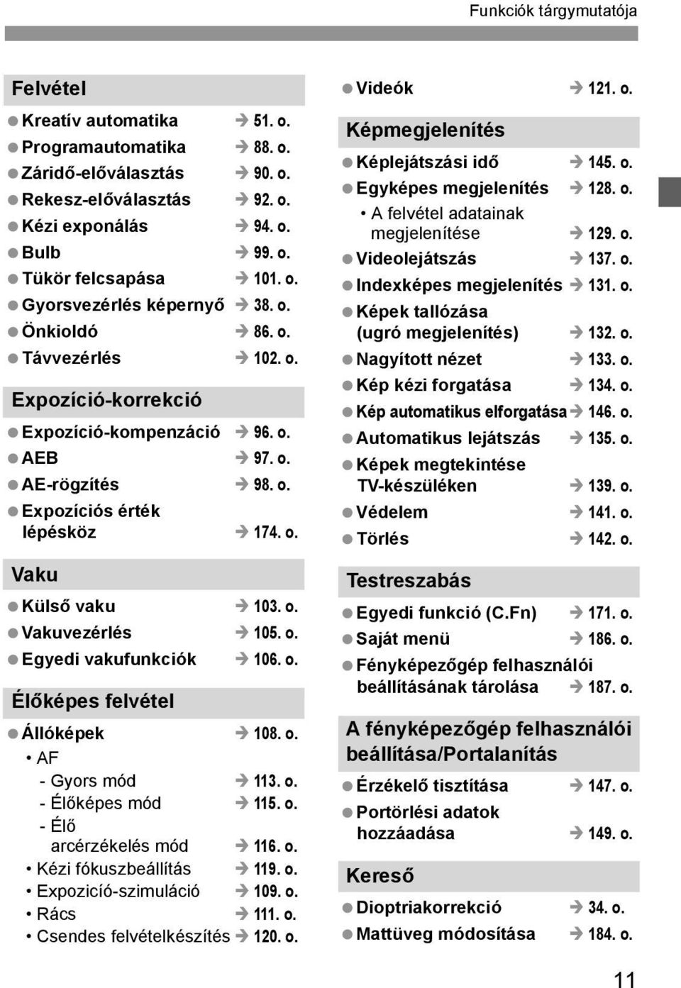 o. Élőképes felvétel Állóképek 108. o. AF - Gyors mód 113. o. - Élőképes mód 115. o. - Élő arcérzékelés mód 116. o. Kézi fókuszbeállítás 119. o. Expozicíó-szimuláció 109. o. Rács 111. o. Csendes felvételkészítés 120.