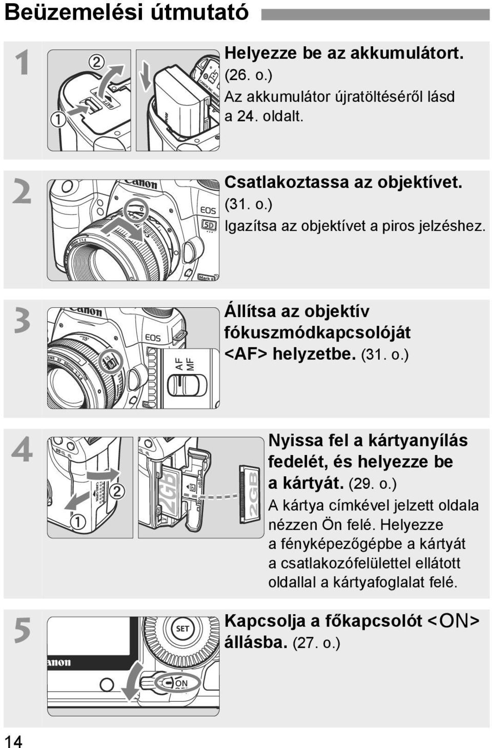 3 Állítsa az objektív fókuszmódkapcsolóját <AF> helyzetbe. (31. o.) 4 5 Nyissa fel a kártyanyílás fedelét, és helyezze be akártyát.