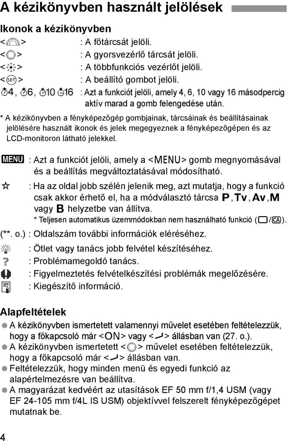 * A kézikönyvben a fényképezőgép gombjainak, tárcsáinak és beállításainak jelölésére használt ikonok és jelek megegyeznek a fényképezőgépen és az LCD-monitoron látható jelekkel.