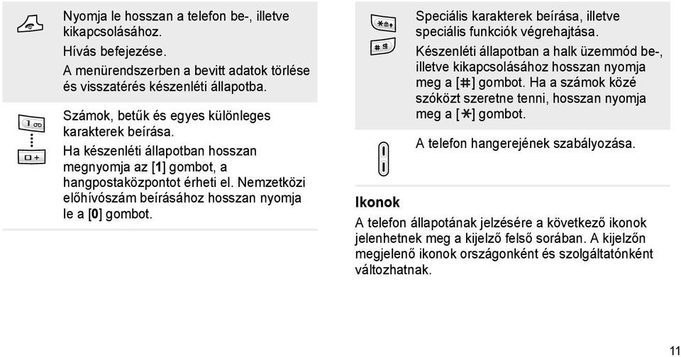 Nemzetközi előhívószám beírásához hosszan nyomja le a [0] gombot. Speciális karakterek beírása, illetve speciális funkciók végrehajtása.