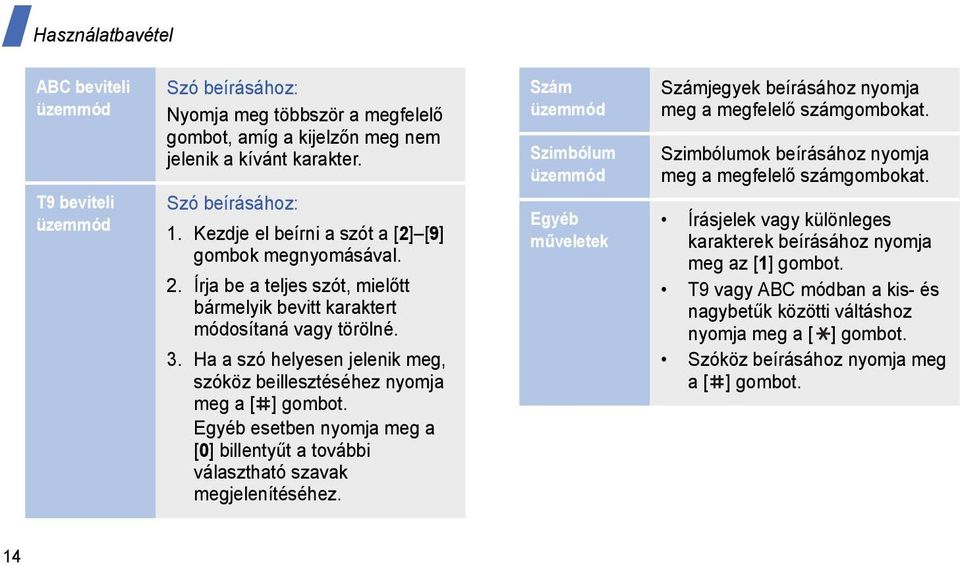 Ha a szó helyesen jelenik meg, szóköz beillesztéséhez nyomja meg a [ ] gombot. Egyéb esetben nyomja meg a [0] billentyűt a további választható szavak megjelenítéséhez.