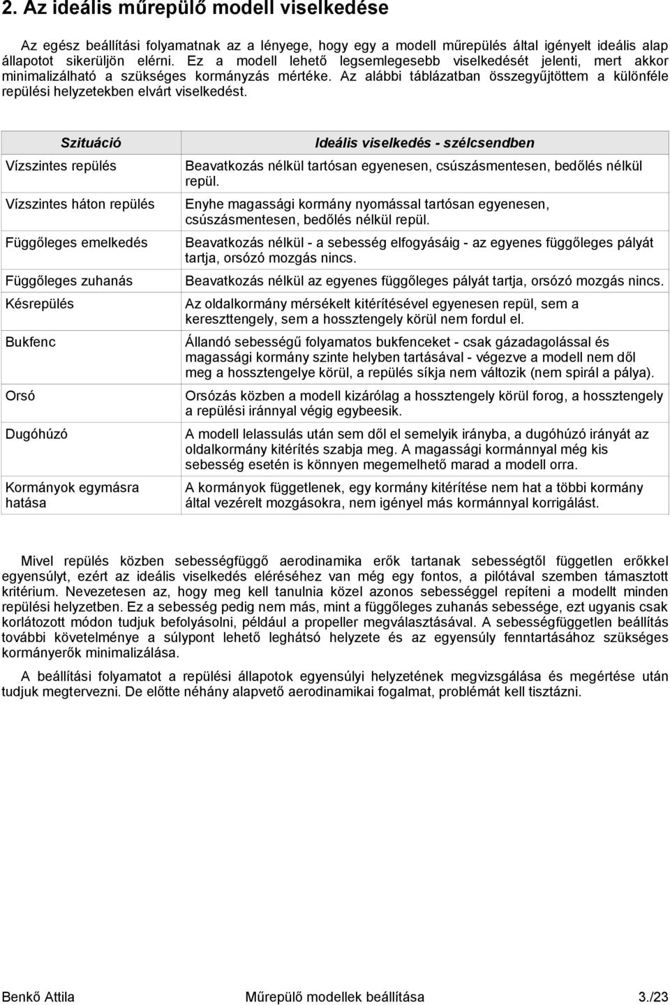 Az alábbi táblázatban összegyűjtöttem a különféle repülési helyzetekben elvárt viselkedést.