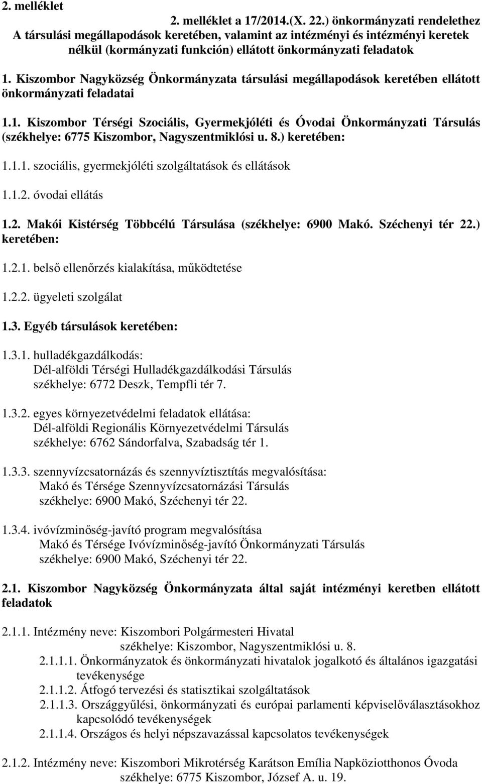 Kiszombor Nagyközség Önkormányzata társulási megállapodások keretében ellátott önkormányzati feladatai 1.