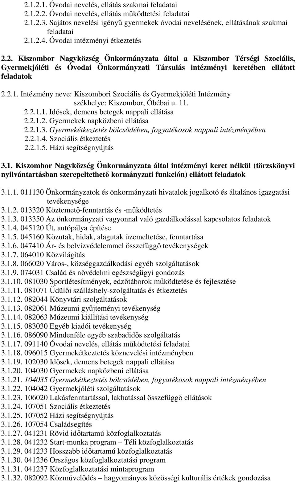 1.2.4. Óvodai intézményi étkeztetés 2.2. Kiszombor Nagyközség Önkormányzata által a Kiszombor Térségi Szociális, Gyermekjóléti és Óvodai Önkormányzati Társulás intézményi keretében ellátott feladatok 2.