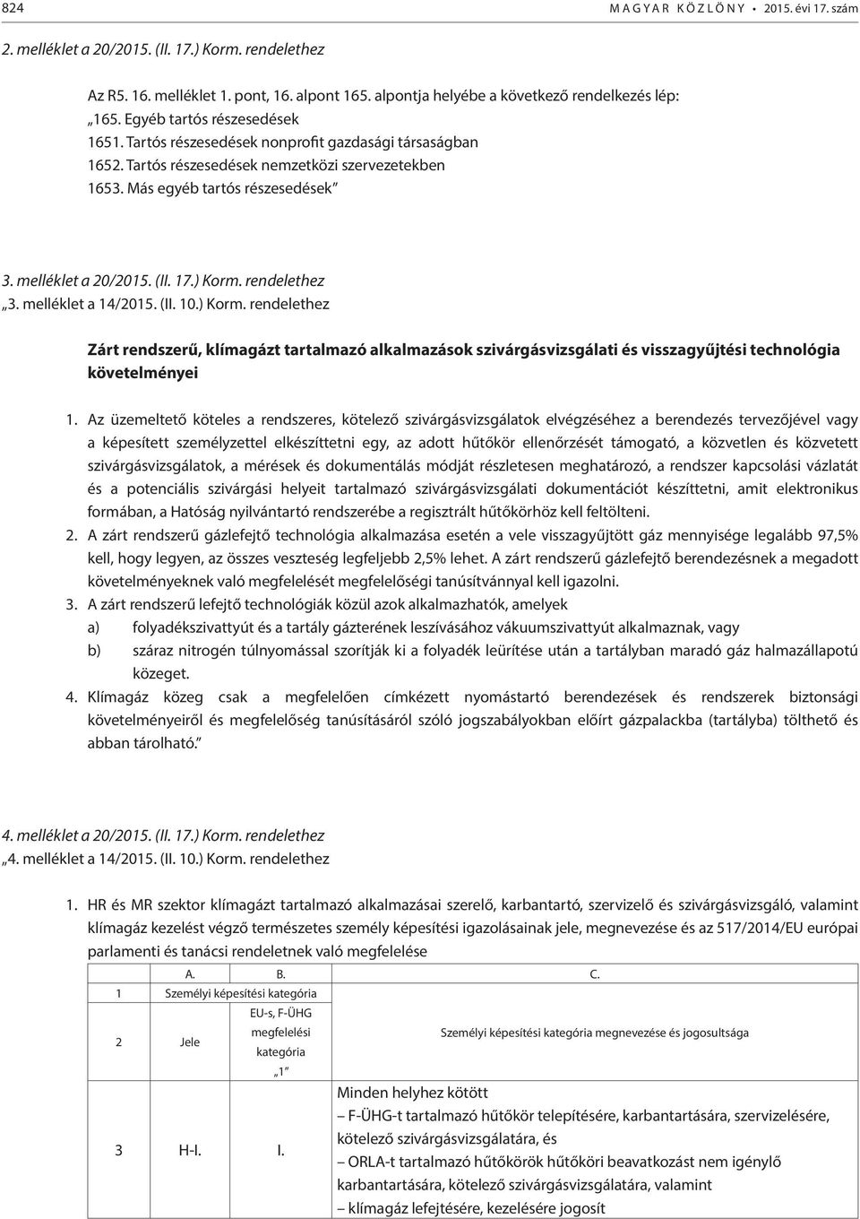 17.) Korm. rendelethez 3. melléklet a 14/2015. (II. 10.) Korm. rendelethez Zárt rendszerű, klímagázt tartalmazó alkalmazások szivárgásvizsgálati és visszagyűjtési technológia követelményei 1.