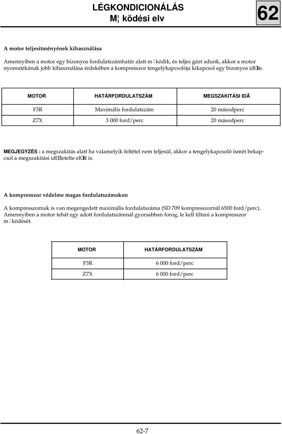 MOTOR HATÁRFORDULATSZÁM MEGSZAKITÁSI IDÃ F3R Maximális fordulatszám 20 másodperc Z7X 3 000 ford/perc 20 másodperc MEGJEGYZÉS : a megszakitás alatt ha valamelyik feltétel nem teljesül, akkor a
