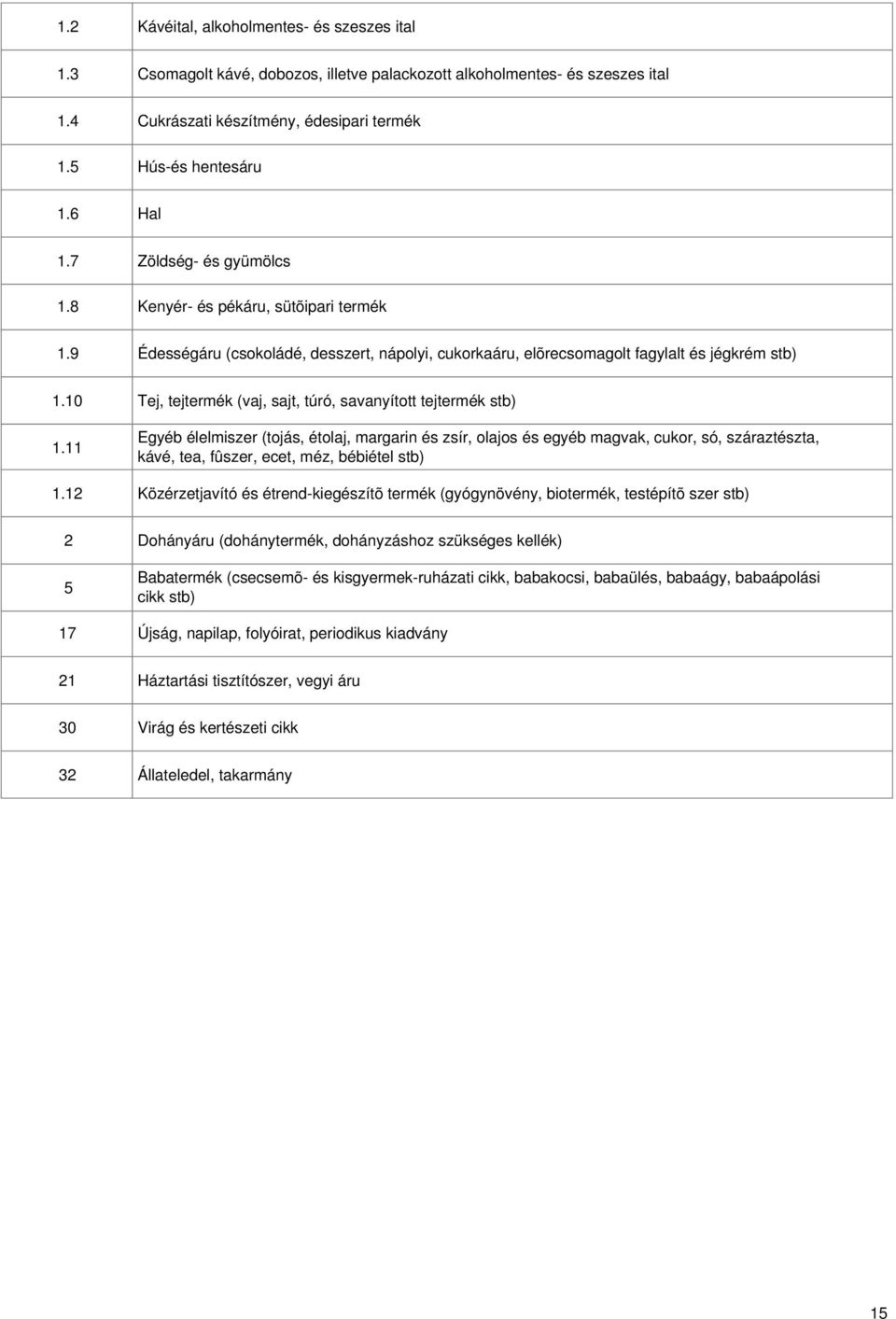 .2 Tej, tejtermék (vaj, sajt, túró, savanyított tejtermék stb) Egyéb élelmiszer (tojás, étolaj, margarin és zsír, olajos és egyéb magvak, cukor, só, száraztészta, kávé, tea, fûszer, ecet, méz,