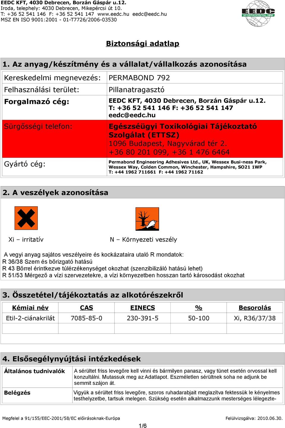 Debrecen, Borzán Gáspár u.12. T: +36 52 541 146 F: +36 52 541 147 eedc@eedc.hu Egészséügyi Toxikológiai Tájékoztató Szolgálat (ETTSZ) 1096 Budapest, Nagyvárad tér 2.