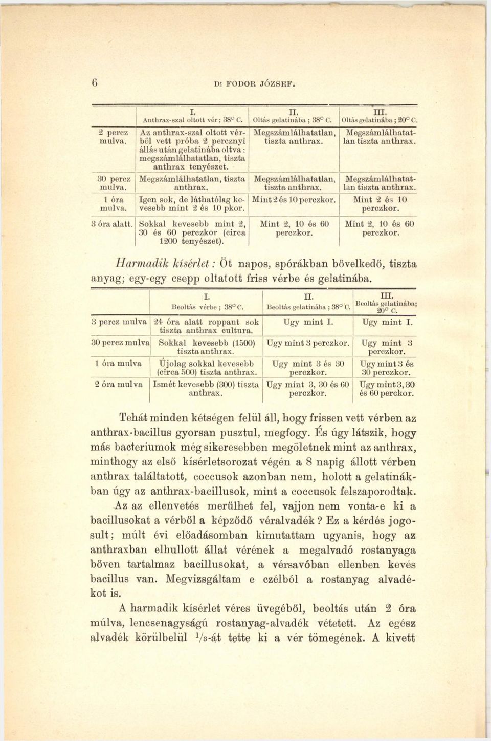 Igen sok, de láthatólag kevesebb mint 2 és 10 pkor. 3 óra alatt. Sokkal kevesebb mint 2, 30 és 60 perczkor (circa 1200 tenyészet). II. Oltás gelatinába ; 38 C. Megszámlálhatatlan, tiszta anthrax. III.