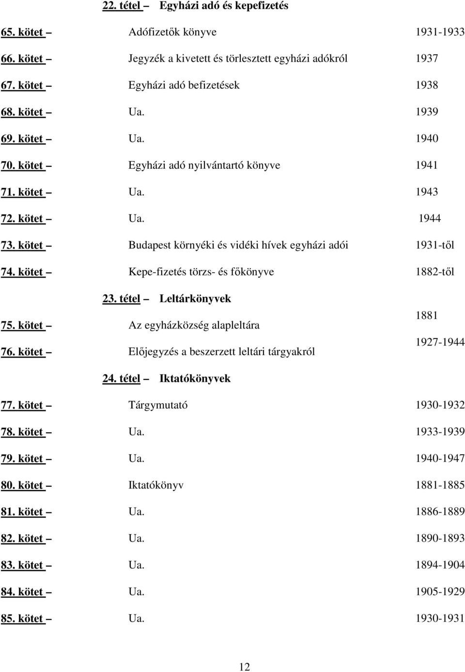 kötet Kepefizetés törzs és fıkönyve 1882tıl 23. tétel Leltárkönyvek 75. kötet Az egyházközség alapleltára 76. kötet Elıjegyzés a beszerzett leltári tárgyakról 1881 19271944 24.