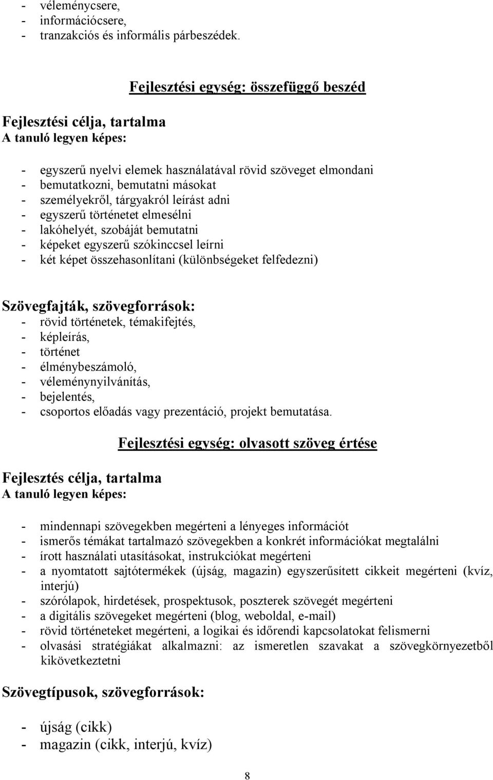 személyekről, tárgyakról leírást adni - egyszerű történetet elmesélni - lakóhelyét, szobáját bemutatni - képeket egyszerű szókinccsel leírni - két képet összehasonlítani (különbségeket felfedezni)