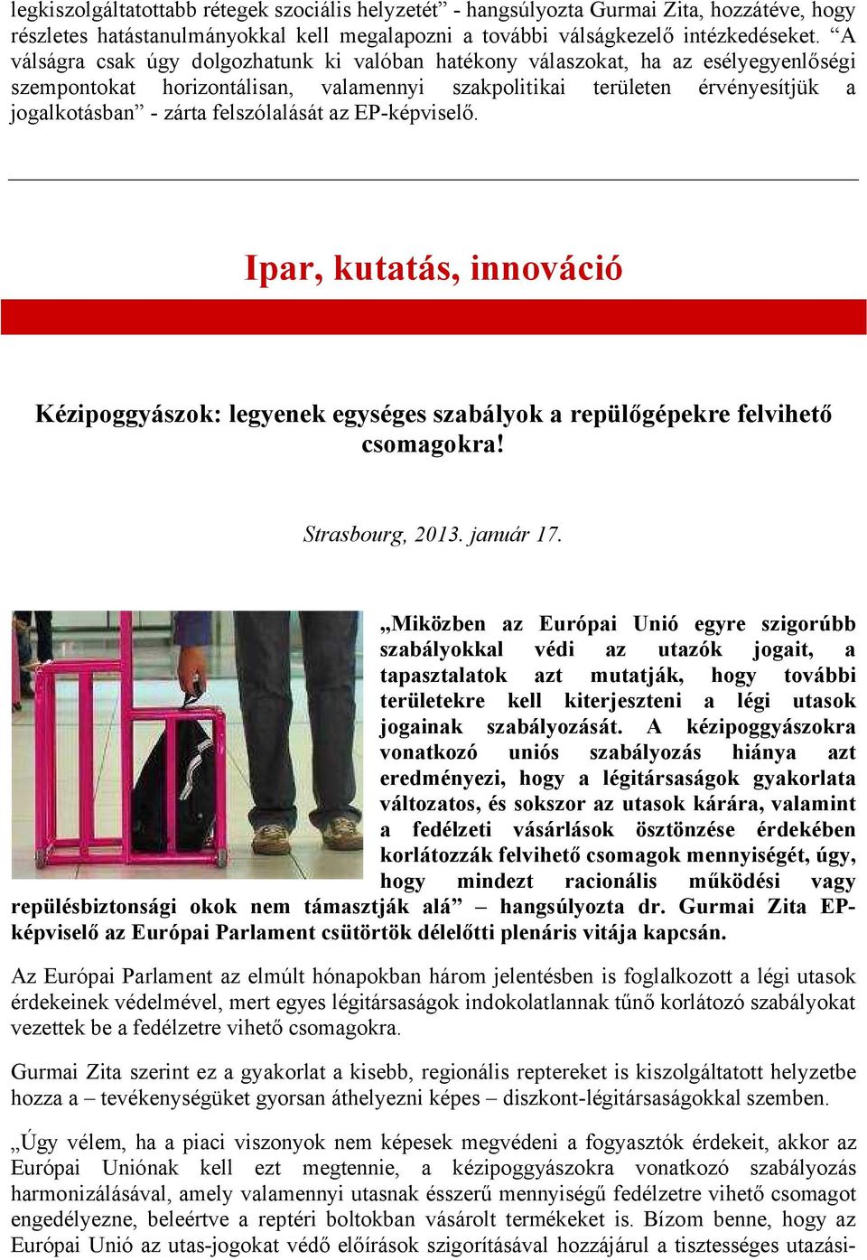 felszólalását az EP-képviselő. Ipar, kutatás, innováció Kézipoggyászok: legyenek egységes szabályok a repülőgépekre felvihető csomagokra! Strasbourg, 2013. január 17.
