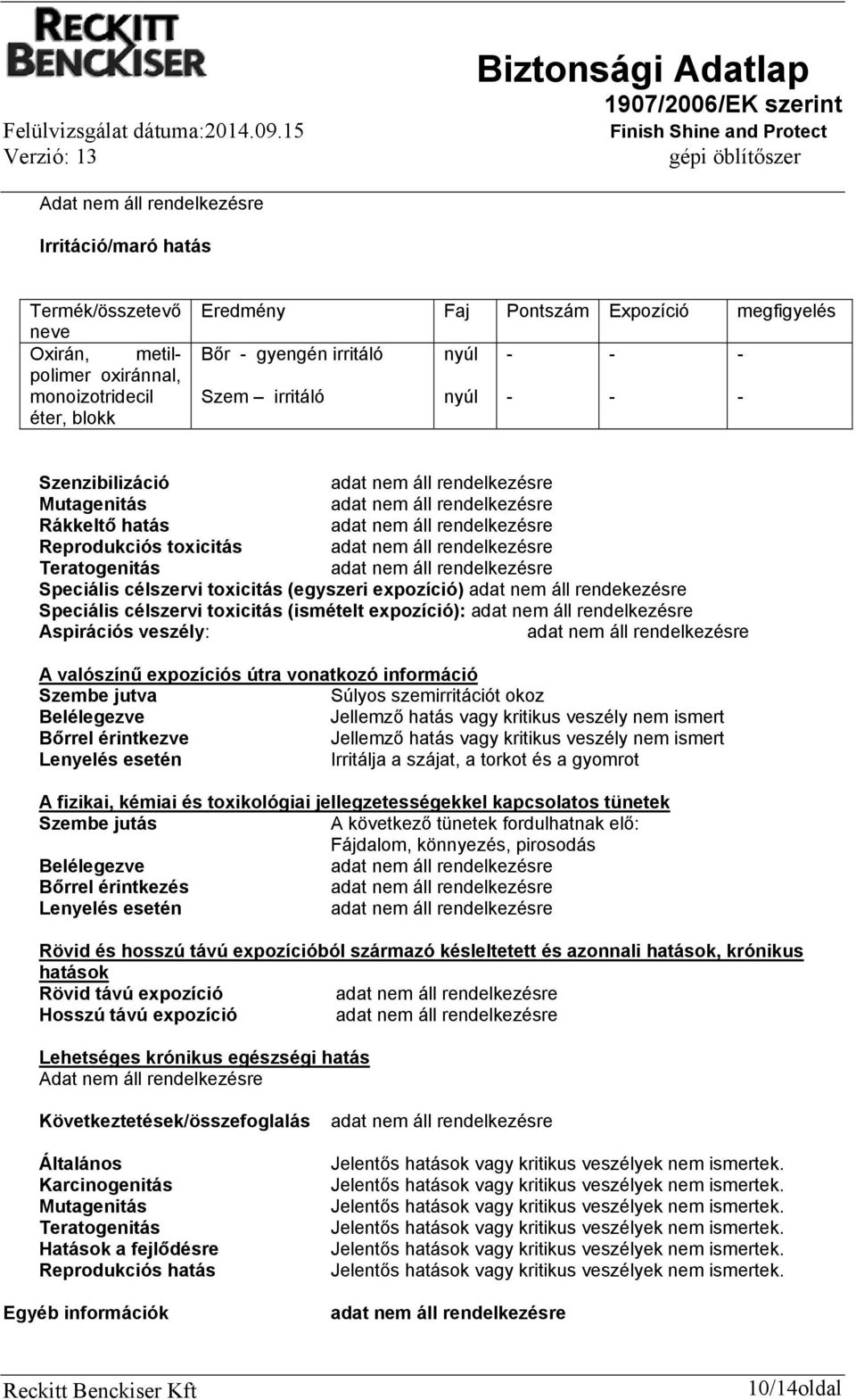 Speciális célszervi toxicitás (ismételt expozíció): Aspirációs veszély: A valószínű expozíciós útra vonatkozó információ Szembe jutva Súlyos szemirritációt okoz Belélegezve Jellemző hatás vagy