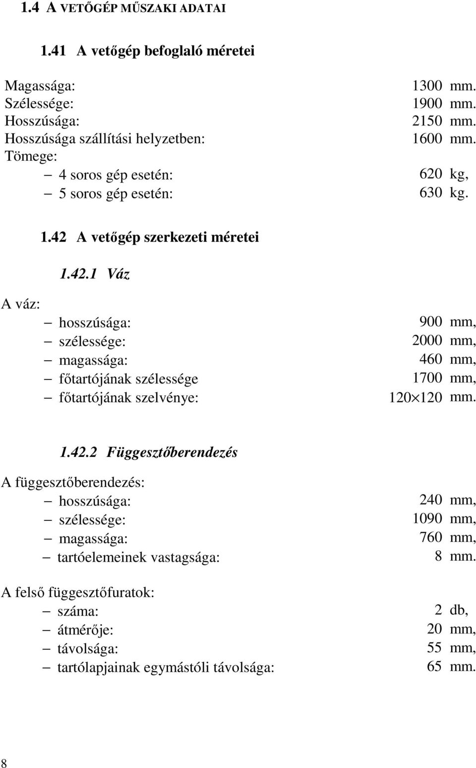 2150 mm. 1600 mm. 620 kg, 630 kg. 1.42 