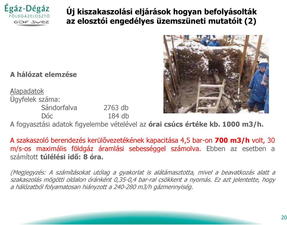 A szakaszoló berendezés kerülővezetékének kapacitása 4,5 bar-on 700 m3/h volt, 30 m/s-os maximális földgáz áramlási sebességgel számolva.