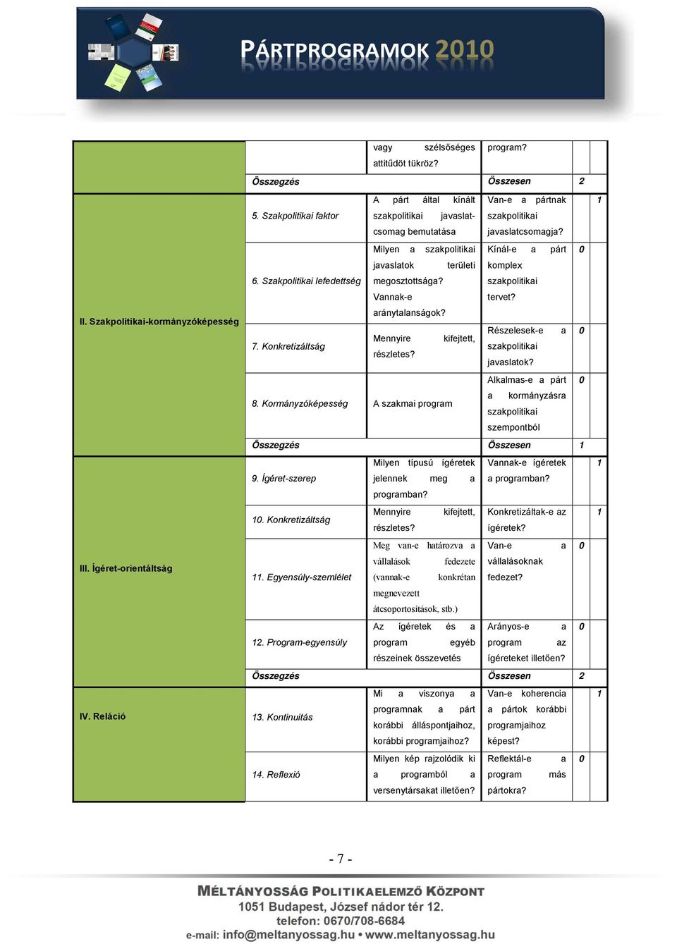 Szakpolitikai lefedettség megosztottsága? szakpolitikai Vannak-e tervet? aránytalanságok? 7. Konkretizáltság Részelesek-e a 0 Mennyire kifejtett, szakpolitikai részletes? javaslatok?