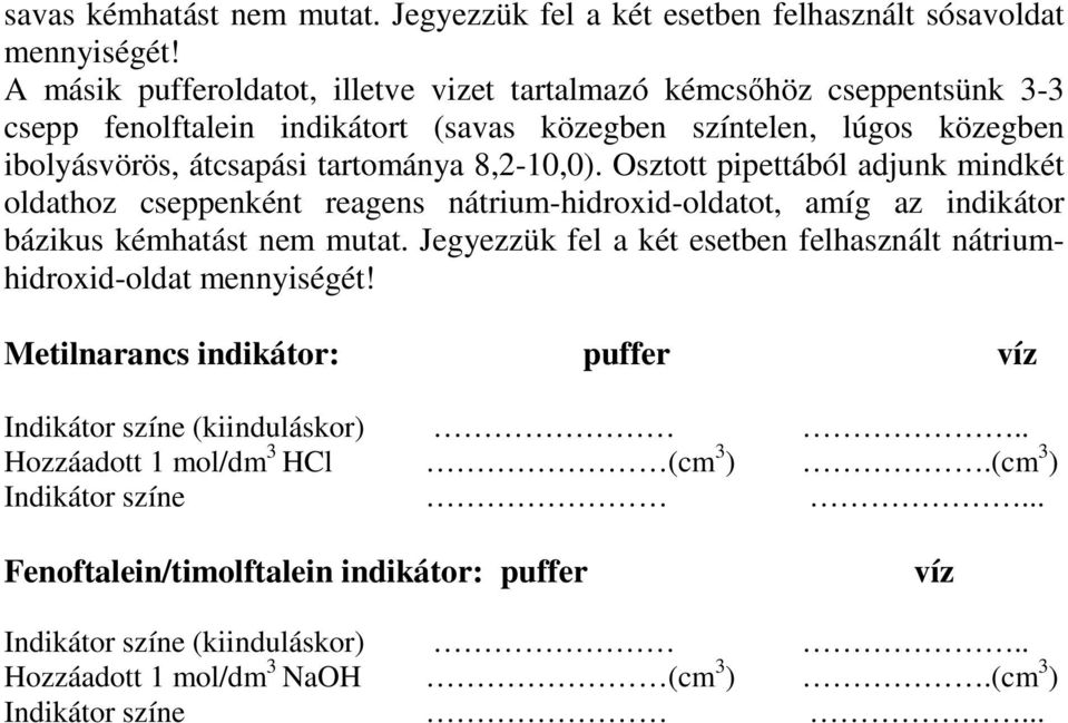 Osztott pipettából adjunk mindkét oldathoz cseppenként reagens nátrium-hidroxid-oldatot, amíg az indikátor bázikus kémhatást nem mutat.