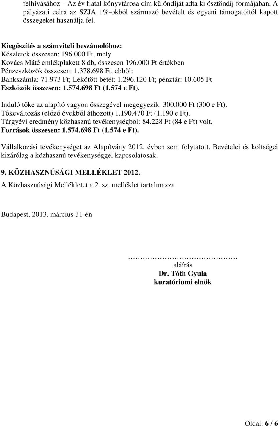 973 Ft; Lekötött betét: 1.296.120 Ft; pénztár: 10.605 Ft Eszközök összesen: 1.574.698 Ft (1.574 e Ft). Induló tke az alapító vagyon összegével megegyezik: 300.000 Ft (300 e Ft).