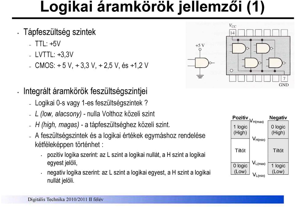 A feszültségszintek és a logikai értékek egymáshoz rendelése kétféleképpen történhet : pozitív logika szerint: az L szint a logikai nullát, a H szint a logikai egyest