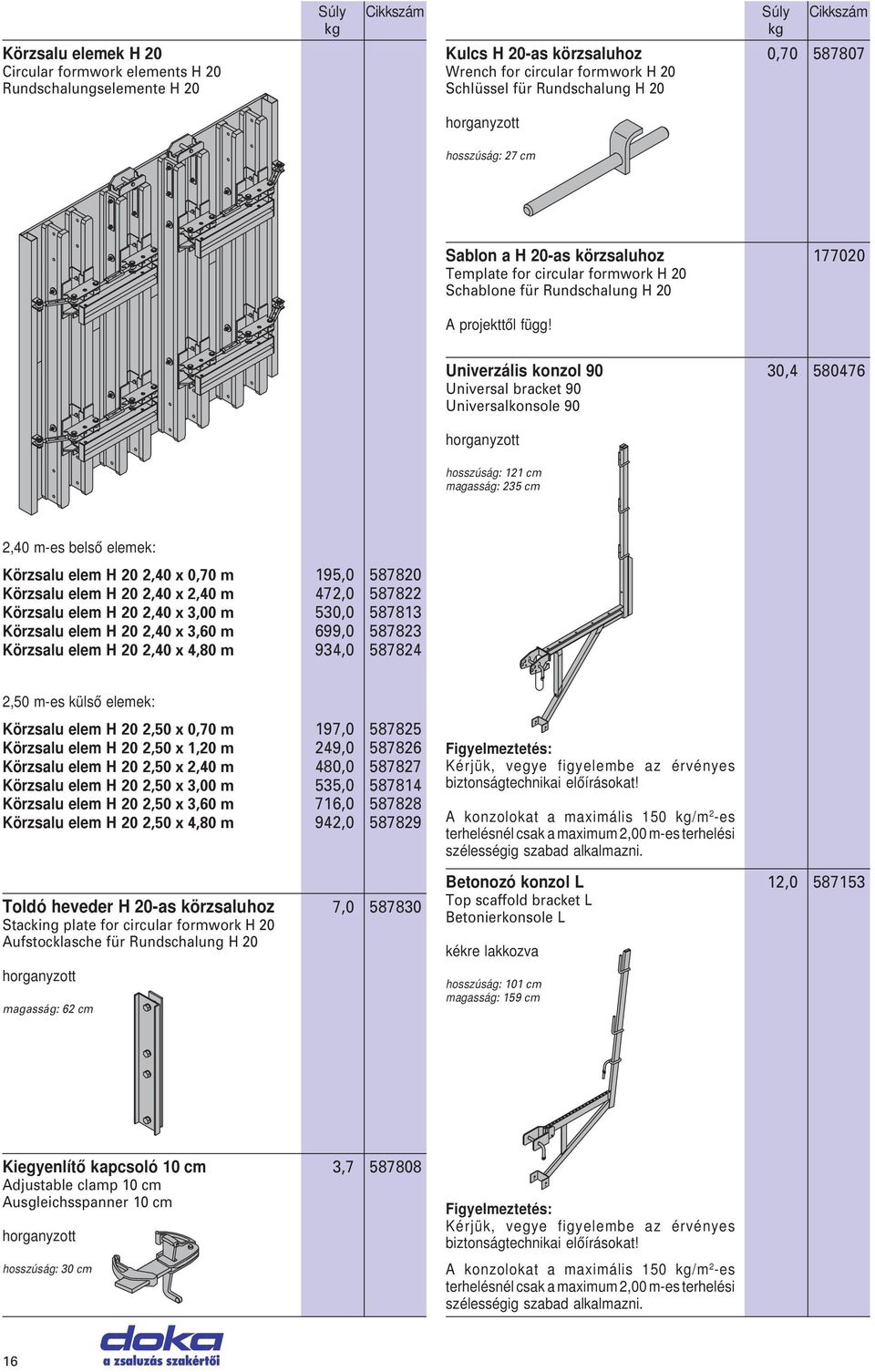 Univerzális konzol 90 30,4 580476 Universal bracket 90 Universalkonsole 90 horganyzott hosszúság: 121 cm magasság: 235 cm 2,40 m-es belső elemek: Körzsalu elem H 20 2,40 x 0,70 m 195,0 587820