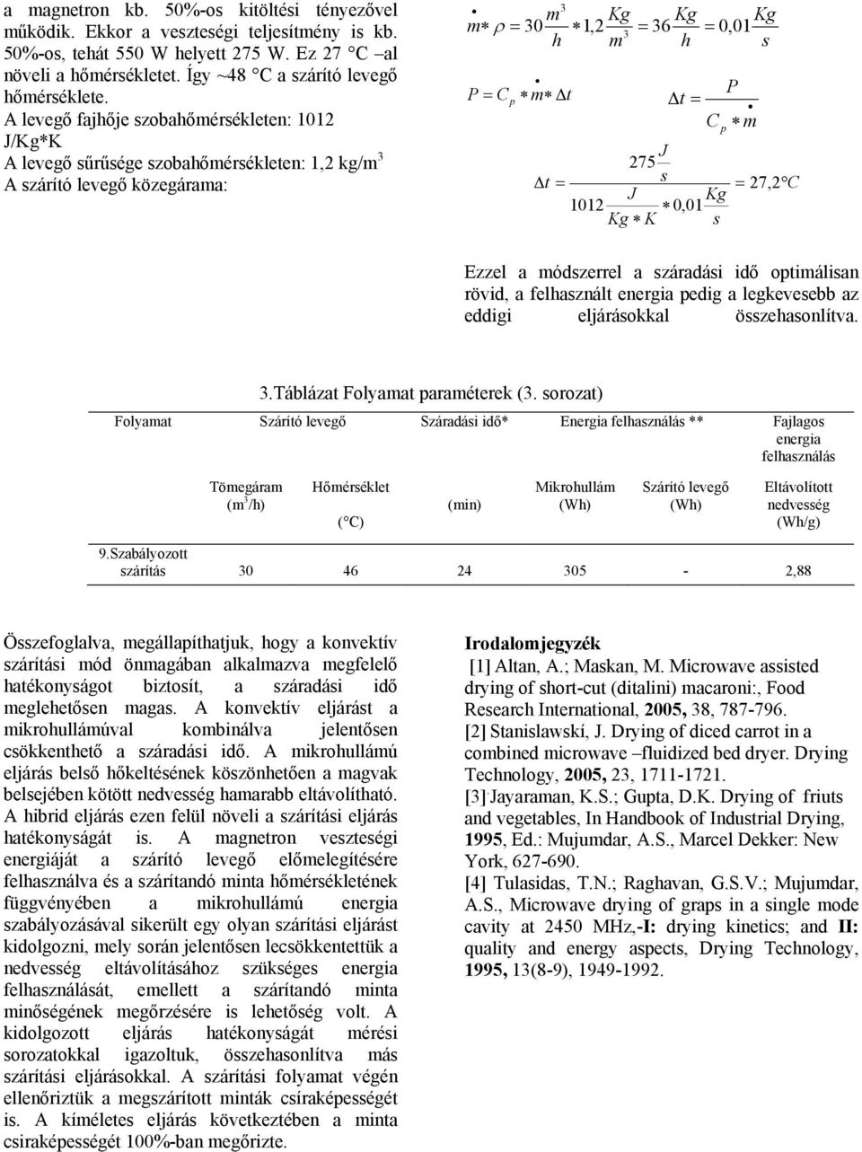 A levegő fajhője szobahőmérsékleten: 1012 J/Kg*K A levegő sűrűsége szobahőmérsékleten: 1,2 kg/m 3 A szárító levegő közegárama: 3 m Kg Kg Kg m ρ = 30 1,2 = 36 = 0, 01 3 h m h s P = C p m Δt P Δt = C p