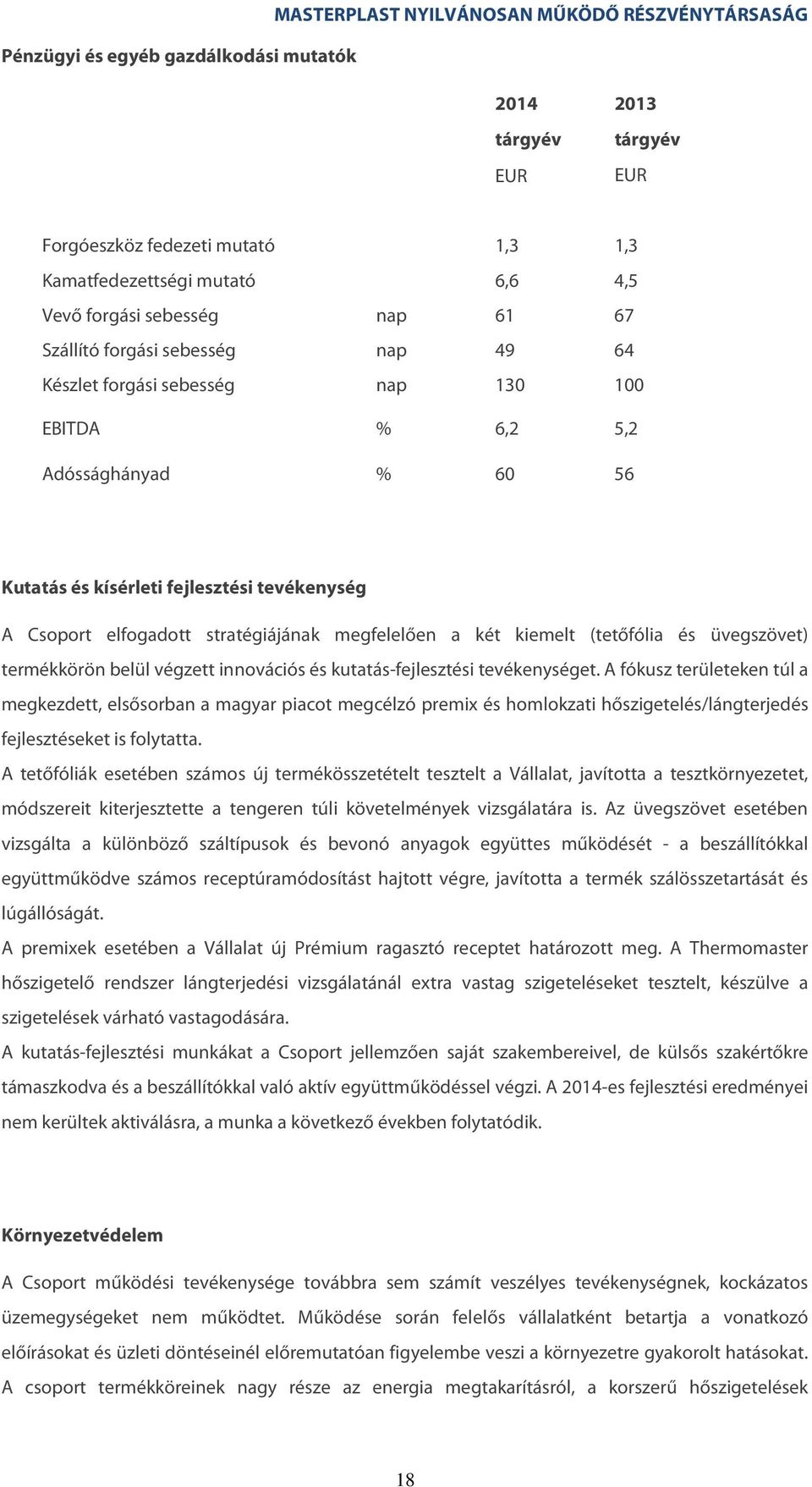 elfogadott stratégiájának megfelelően a két kiemelt (tetőfólia és üvegszövet) termékkörön belül végzett innovációs és kutatás-fejlesztési tevékenységet.