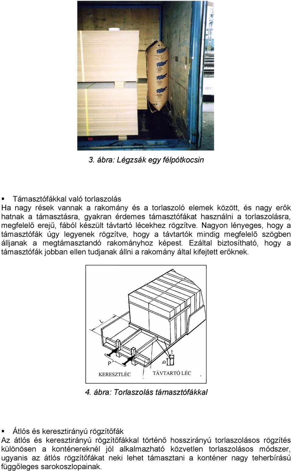 Nagyon lényeges, hogy a támasztófák úgy legyenek rögzítve, hogy a távtartók mindig megfelelő szögben álljanak a megtámasztandó rakományhoz képest.