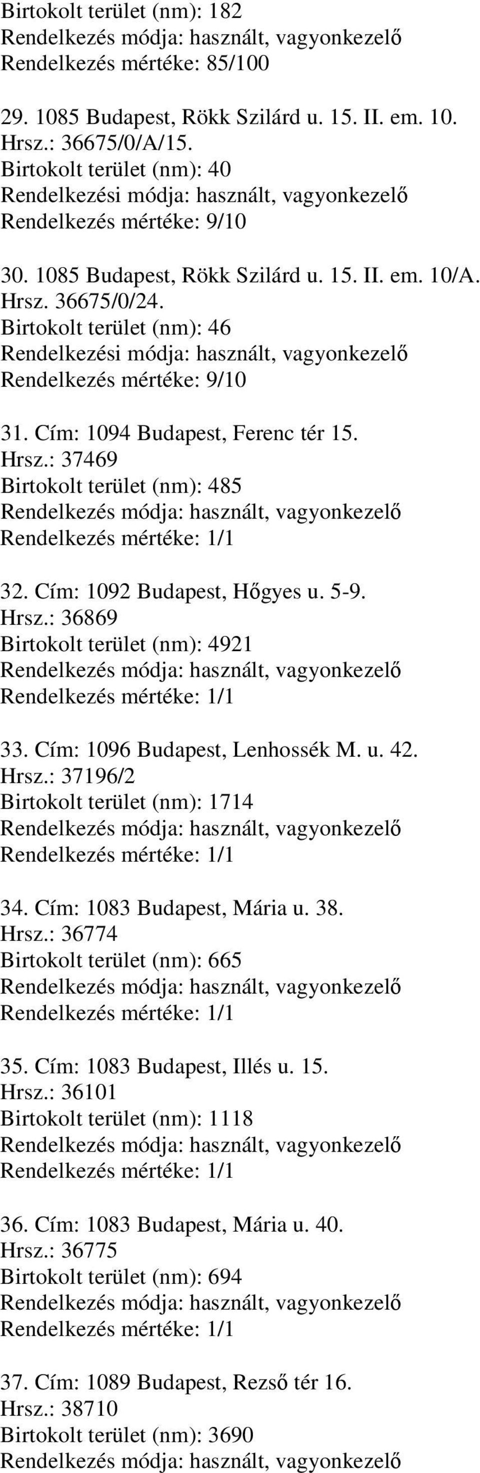 Birtokolt terület (nm): 46 Rendelkezési módja: használt, vagyonkezelı Rendelkezés mértéke: 9/10 31. Cím: 1094 Budapest, Ferenc tér 15. Hrsz.: 37469 Birtokolt terület (nm): 485 32.