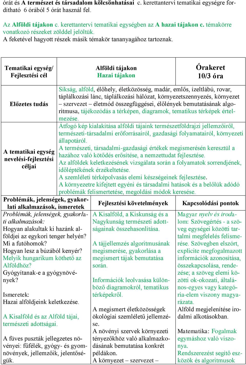 Tematikai egység/ Fejlesztési cél Alföldi tájakon Hazai tájakon Órakeret 10/3 óra Előzetes tudás A tematikai egység nevelési-fejlesztési céljai Problémák, jelenségek, gyakorlati alkalmazások,