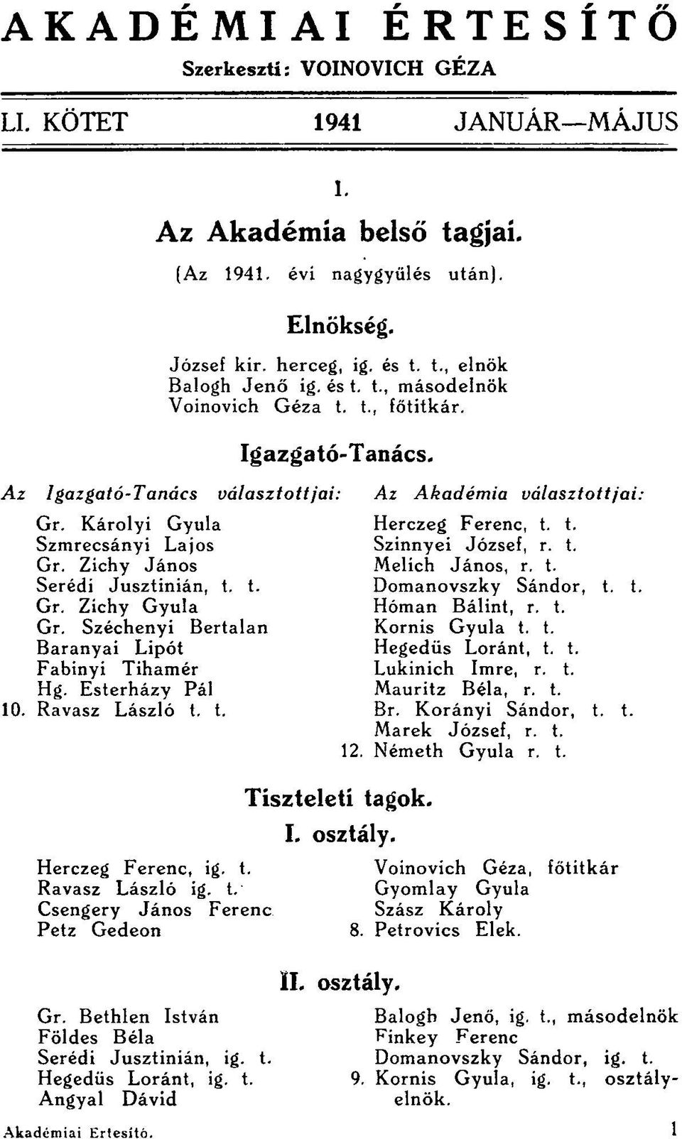 Zichy János Serédi Jusztinián, t. t. Gr. Zichy Gyula Gr. Széchenyi Bertalan Baranyai Lipót Fabinyi Tihamér Hg. Esterházy Pál 10. Ravasz László t. t. Herczeg Ferenc, ig. t. Ravasz László ig. t. Csengery János Ferenc Petz Gedeon Gr.