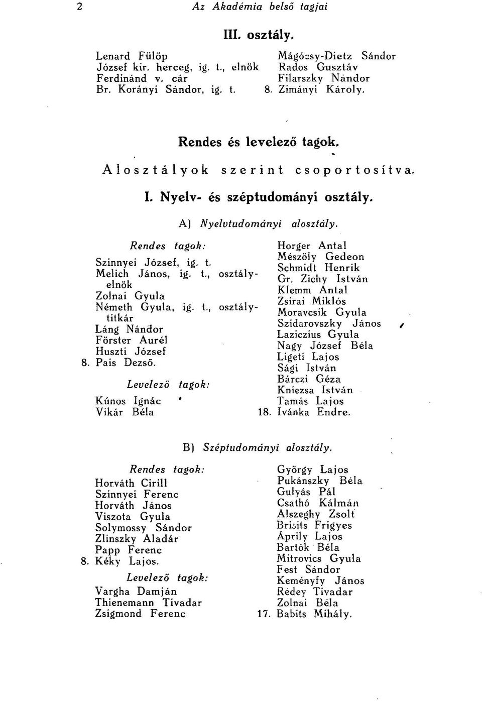 , elnök Zolnai Gyula Németh Gyula, osztály titkár Láng Nándor Förster Aurél Huszti József 8. Pais Dezső. Levelező Kúnos Ignác Vikár Béla ' tagok: Horger Antal Mészöly Gedeon Schmidt Henrik Gr.