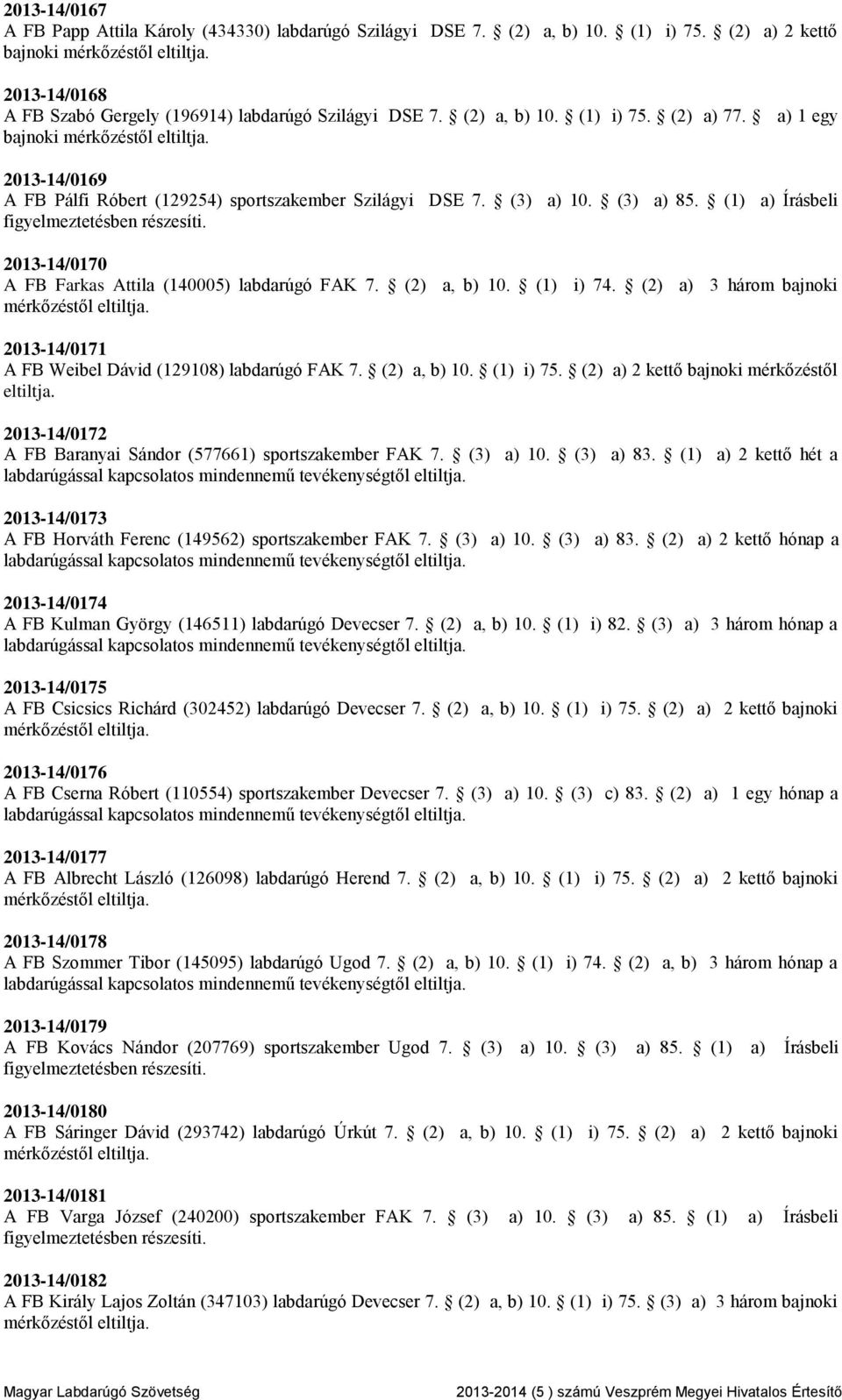 (1) i) 74. (2) a) 3 három bajnoki 2013-14/0171 A FB Weibel Dávid (129108) labdarúgó FAK 7. (2) a, b) 10. (1) i) 75.