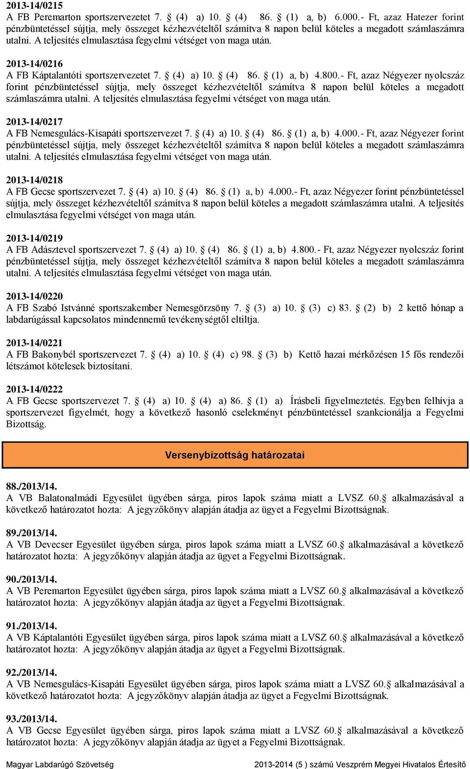 2013-14/0216 A FB Káptalantóti sportszervezetet 7. (4) a) 10. (4) 86. (1) a, b) 4.800.