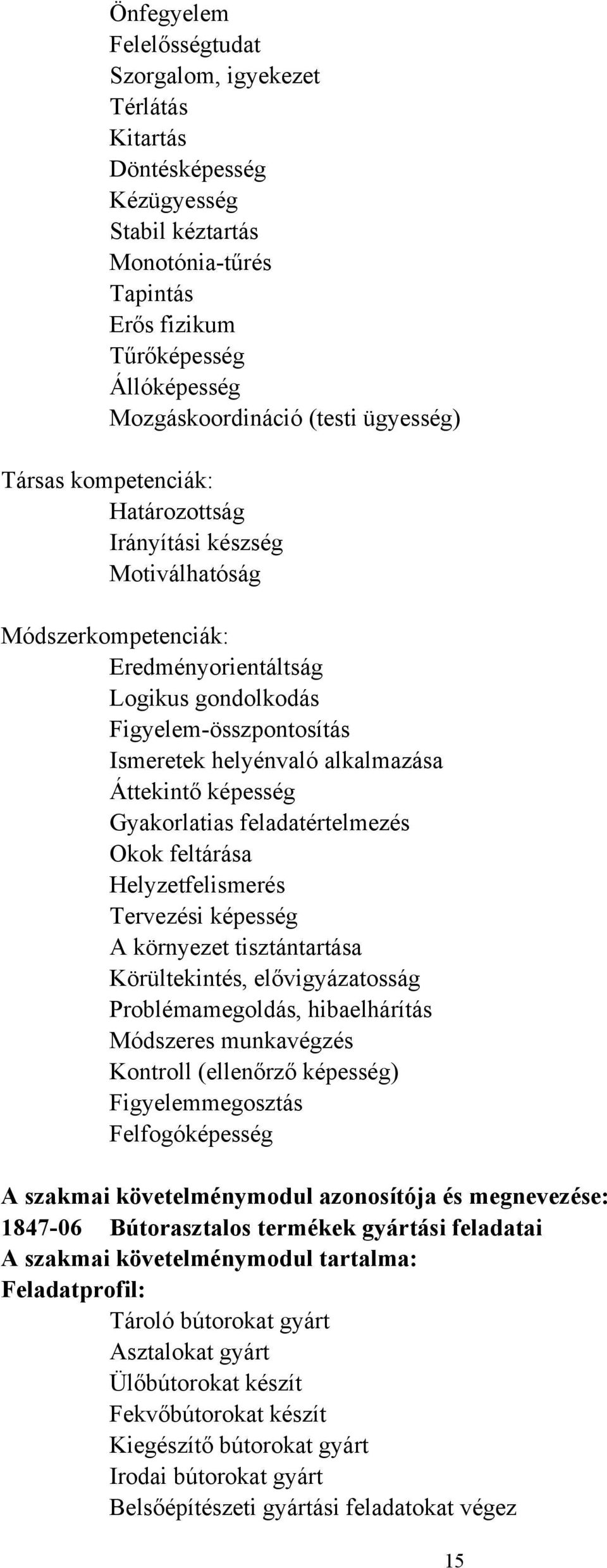 képesség Gyakorlatias feladatértelmezés Okok feltárása Helyzetfelismerés Tervezési képesség A környezet tisztántartása Körültekintés, elővigyázatosság Problémamegoldás, hibaelhárítás Módszeres