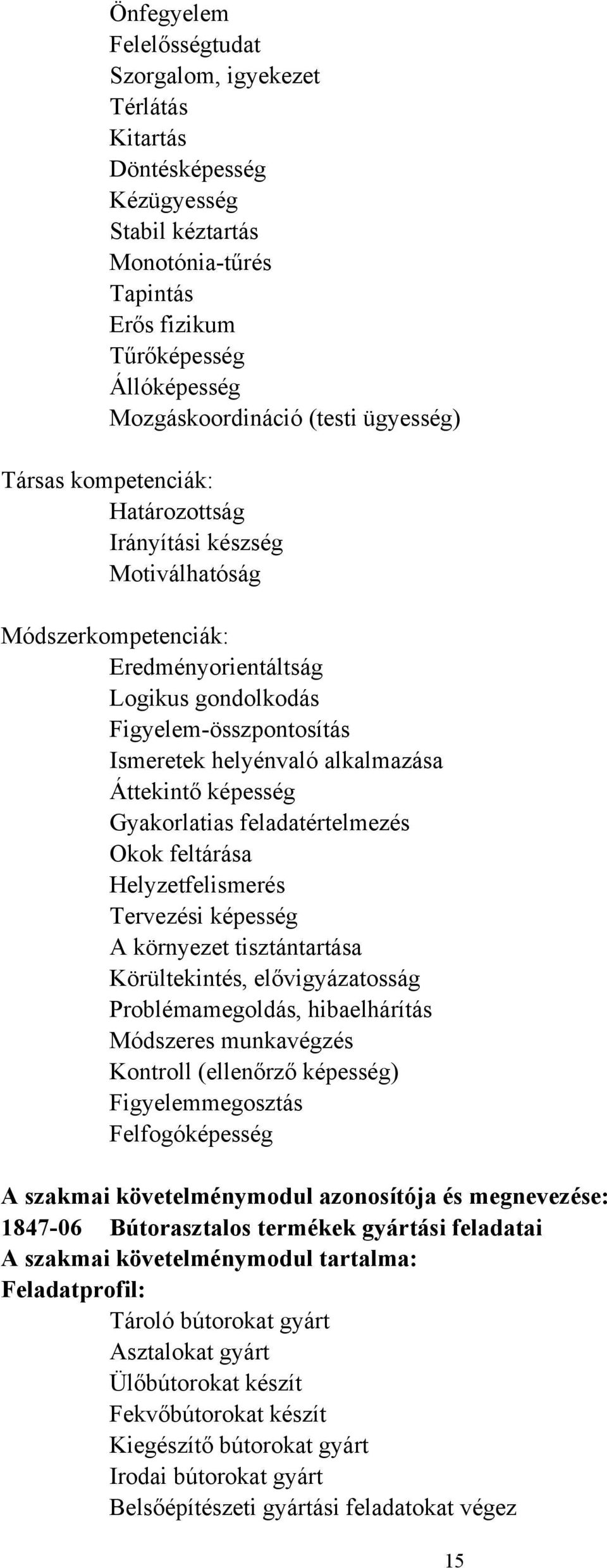 képesség Gyakorlatias feladatértelmezés Okok feltárása Helyzetfelismerés Tervezési képesség A környezet tisztántartása Körültekintés, elővigyázatosság Problémamegoldás, hibaelhárítás Módszeres