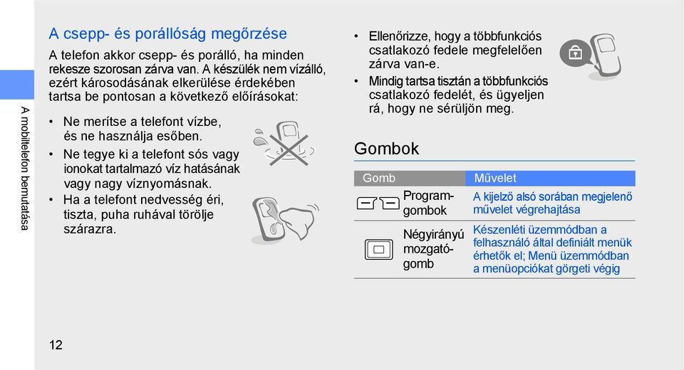 Ne tegye ki a telefont sós vagy ionokat tartalmazó víz hatásának vagy nagy víznyomásnak. Ha a telefont nedvesség éri, tiszta, puha ruhával törölje szárazra.