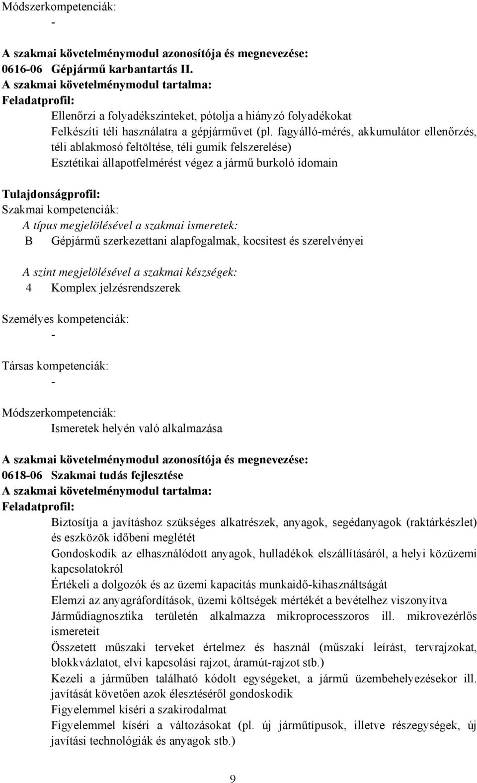 fagyállómérés, akkumulátor ellenőrzés, téli ablakmosó feltöltése, téli gumik felszerelése) Esztétikai állapotfelmérést végez a jármű burkoló idomain Tulajdonságprofil: Szakmai kompetenciák: A típus