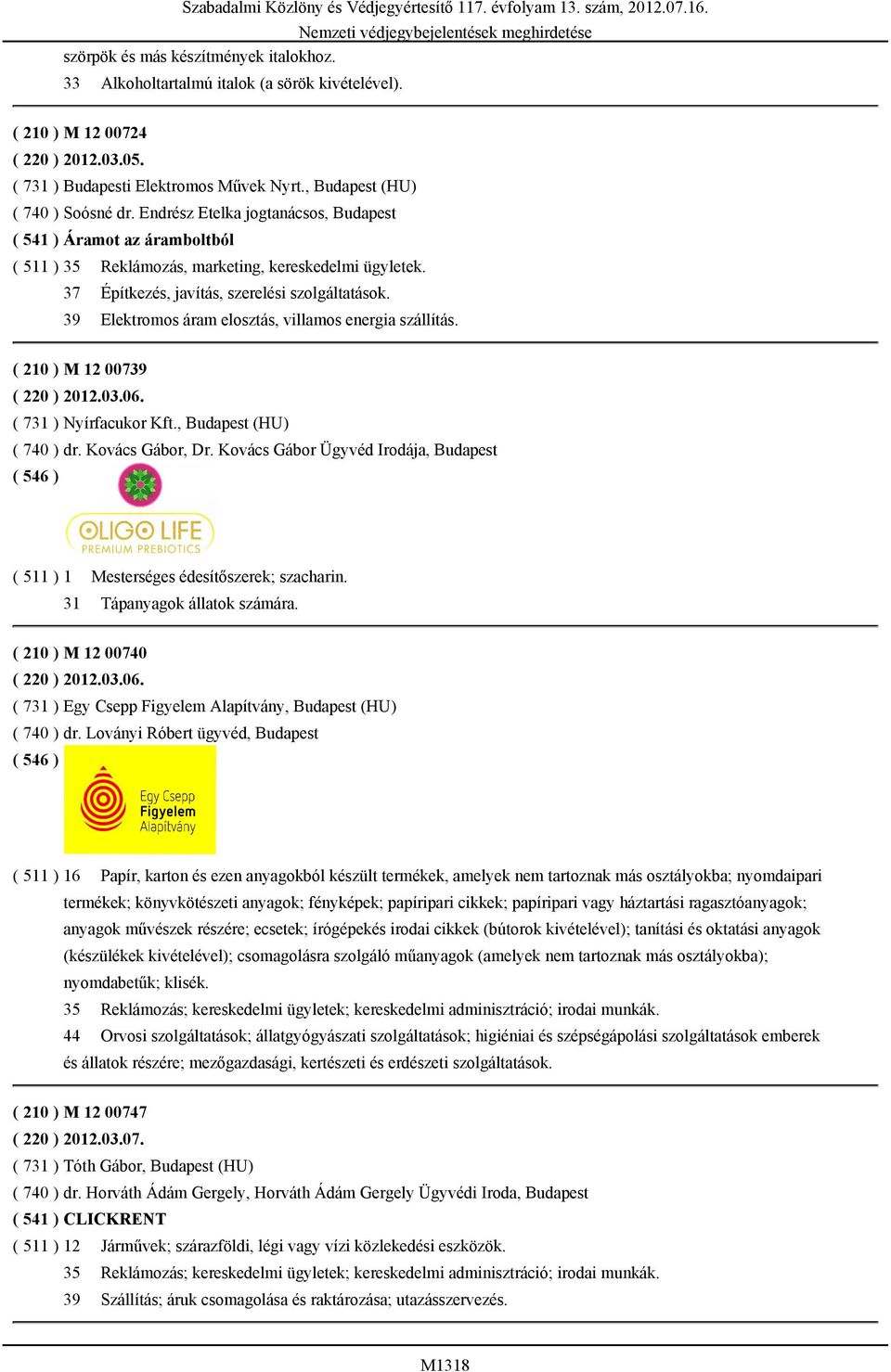 37 Építkezés, javítás, szerelési szolgáltatások. 39 Elektromos áram elosztás, villamos energia szállítás. ( 210 ) M 12 00739 ( 220 ) 2012.03.06. ( 731 ) Nyírfacukor Kft., Budapest (HU) ( 740 ) dr.