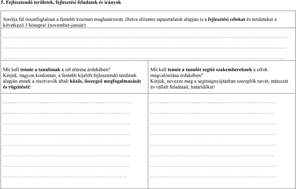 Kérjük, nagyon konkrétan, a fentebb kijelölt fejlesztendő területek alapján ennek a résztvevők általi közös, összegző megfogalmazását és rögzítését!