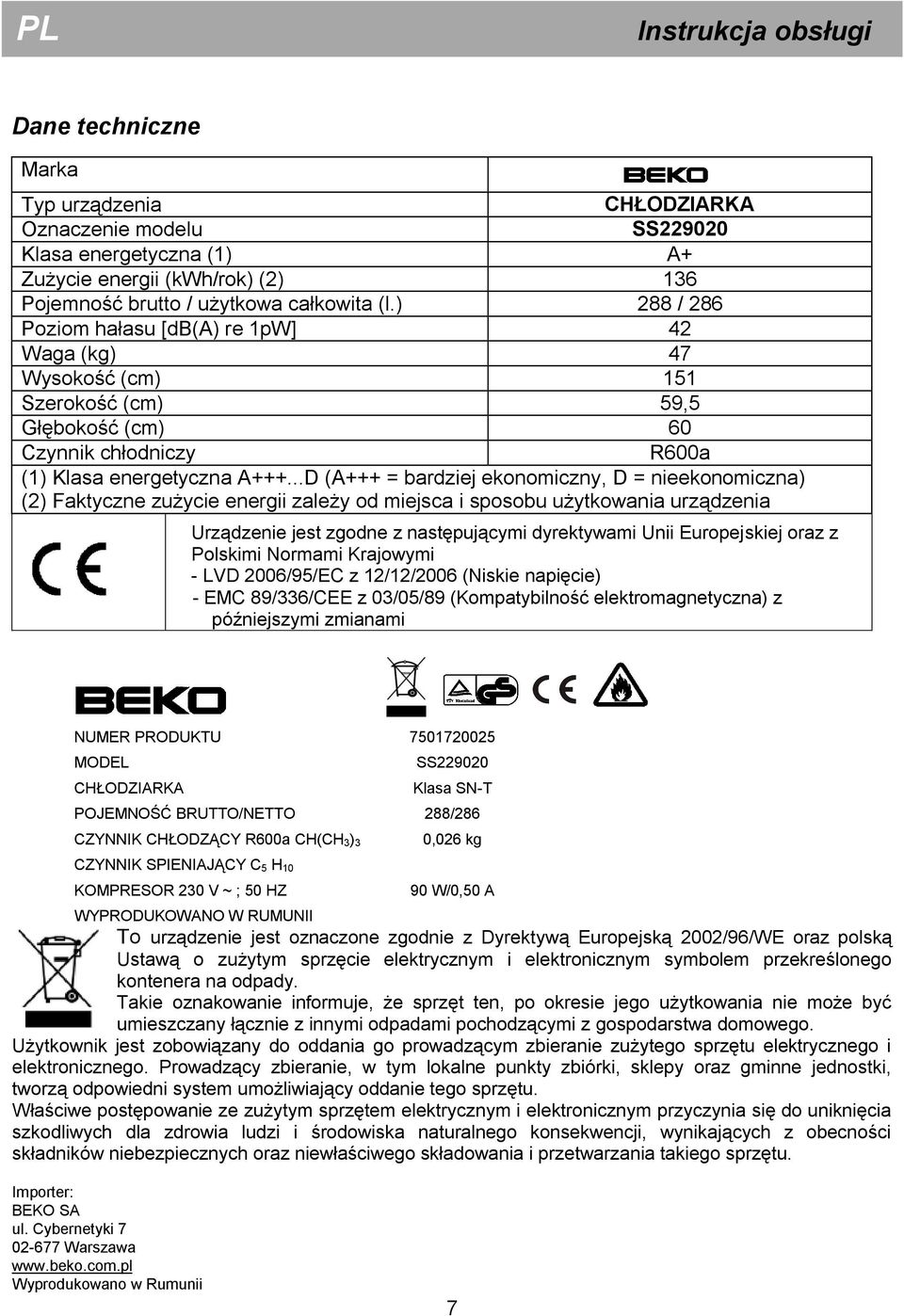 ..D (A+++ = bardziej ekonomiczny, D = nieekonomiczna) (2) Faktyczne zużycie energii zależy od miejsca i sposobu użytkowania urządzenia Urządzenie jest zgodne z następującymi dyrektywami Unii