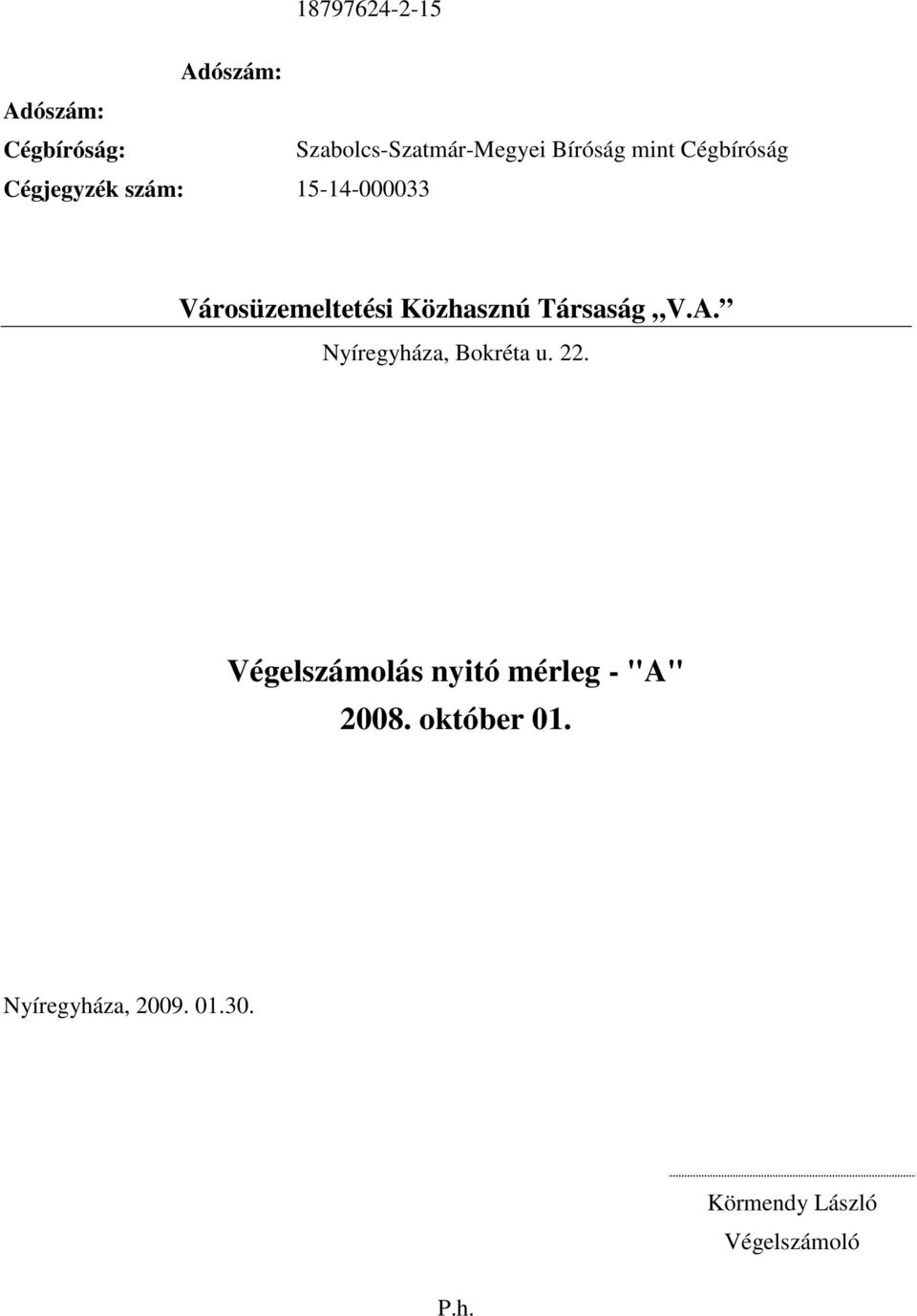 Nyíregyháza, Bokréta u. 22. Végelszámolás nyitó mérleg - "A" 2008.