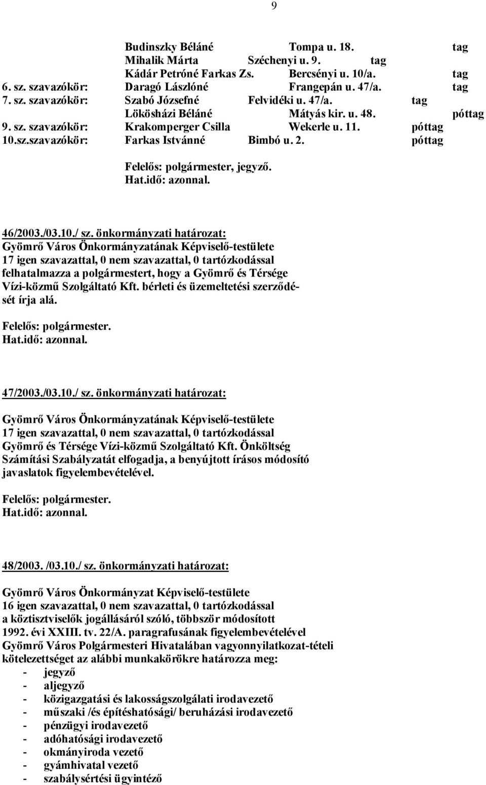 46/2003./03.10./ sz. önkormányzati határozat: 17 igen szavazattal, 0 nem szavazattal, 0 tartózkodással felhatalmazza a polgármestert, hogy a Gyömrő és Térsége Vízi-közmű Szolgáltató Kft.