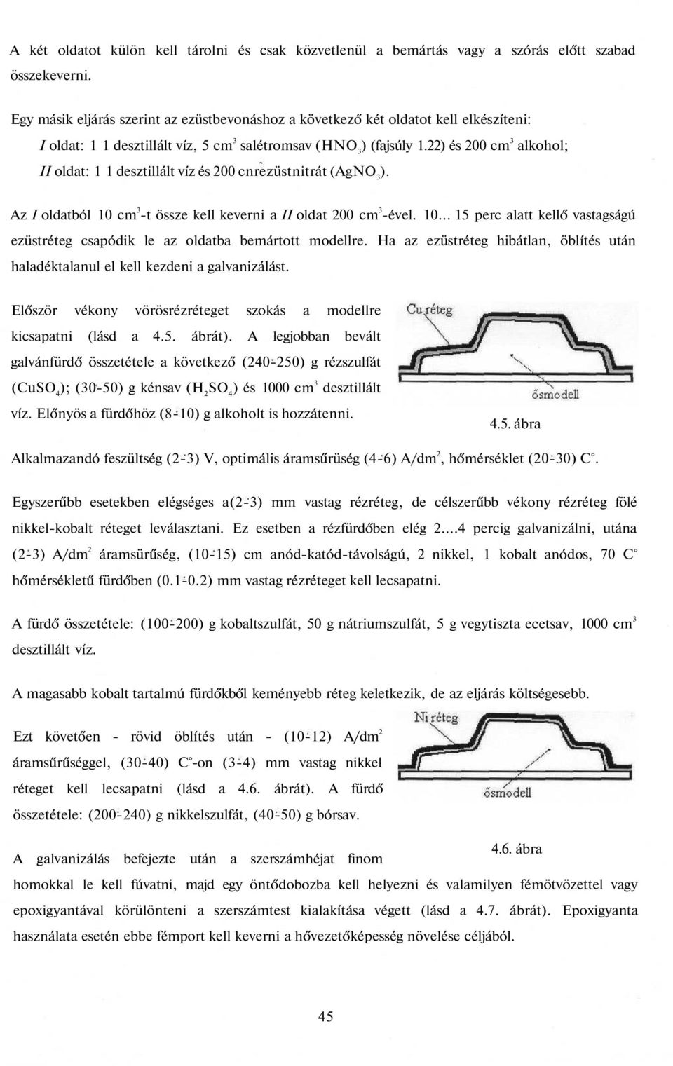 22) és 200 cm 3 alkohol; II oldat: 1 1 desztillált víz és 200 cnrezüstnitrát (AgNO 3 ). Az I oldatból 10 cm 3 -t össze kell keverni a II oldat 200 cm 3 -ével. 10... 15 perc alatt kellő vastagságú ezüstréteg csapódik le az oldatba bemártott modellre.